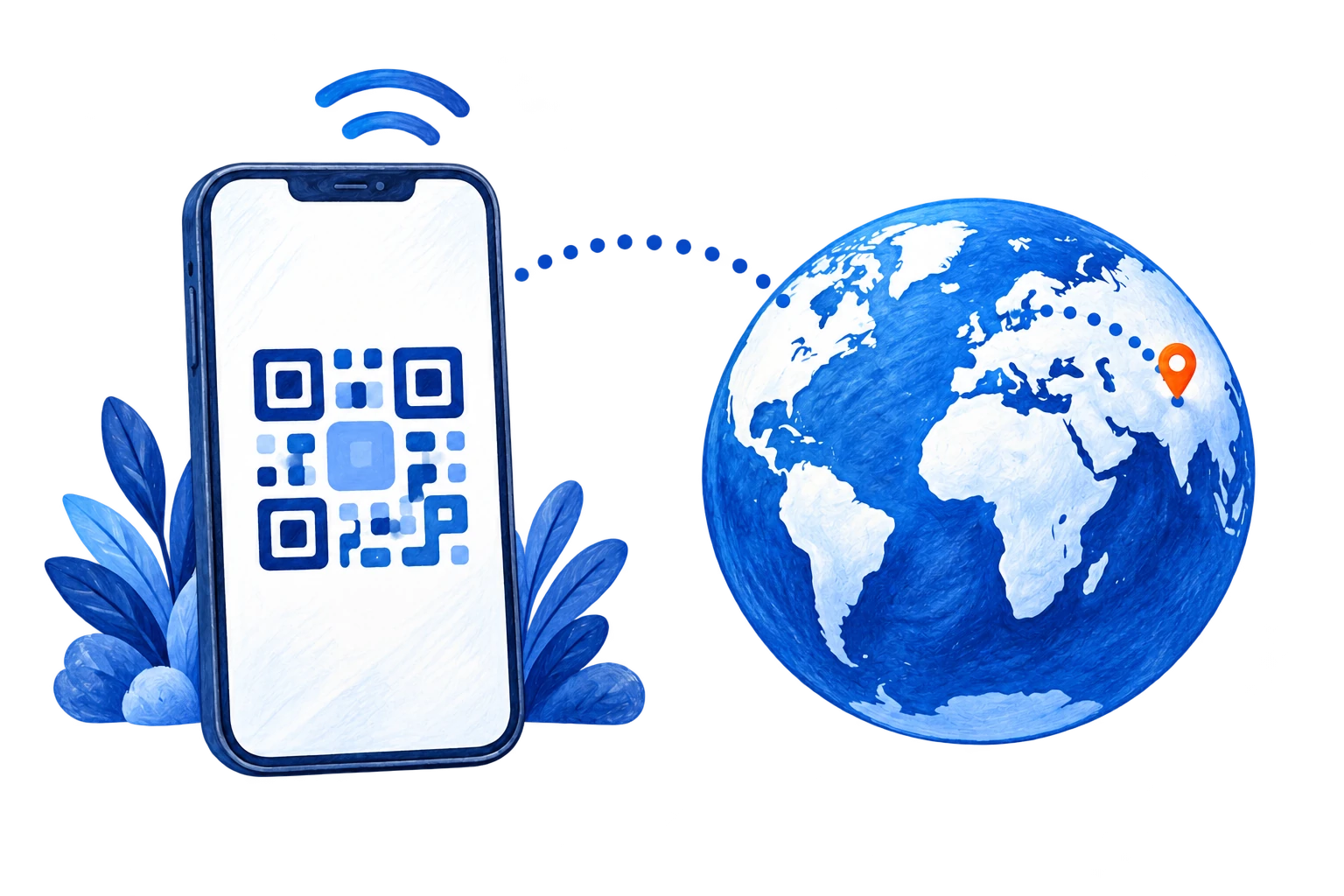 スマホのQRコードから、海外の通信へつながるイメージ