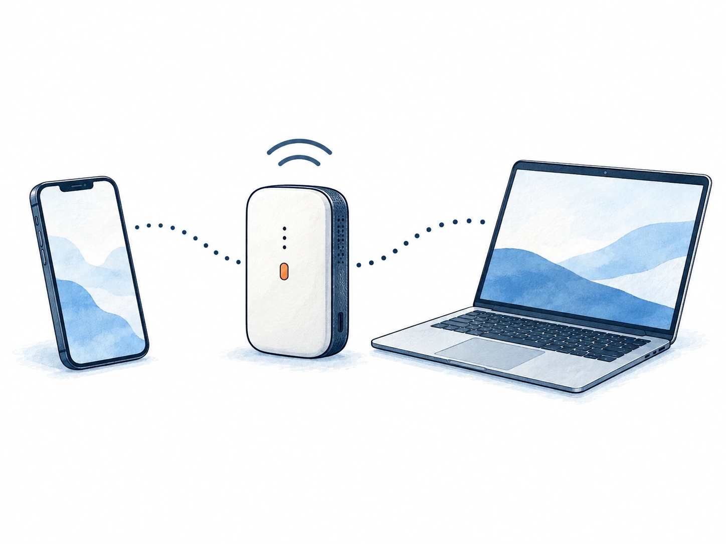 持ち運べる小さなWi-Fi端末から、スマホとノートPCに電波がつながるイメージ