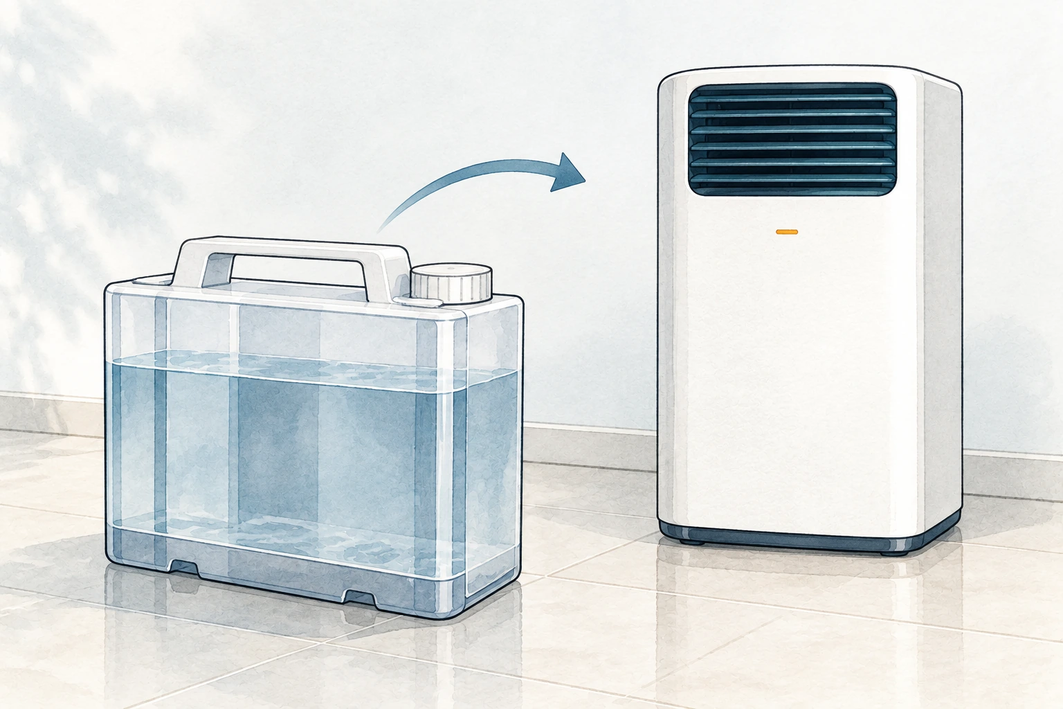 水の入ったタンクを加湿器まで運ぶイメージ