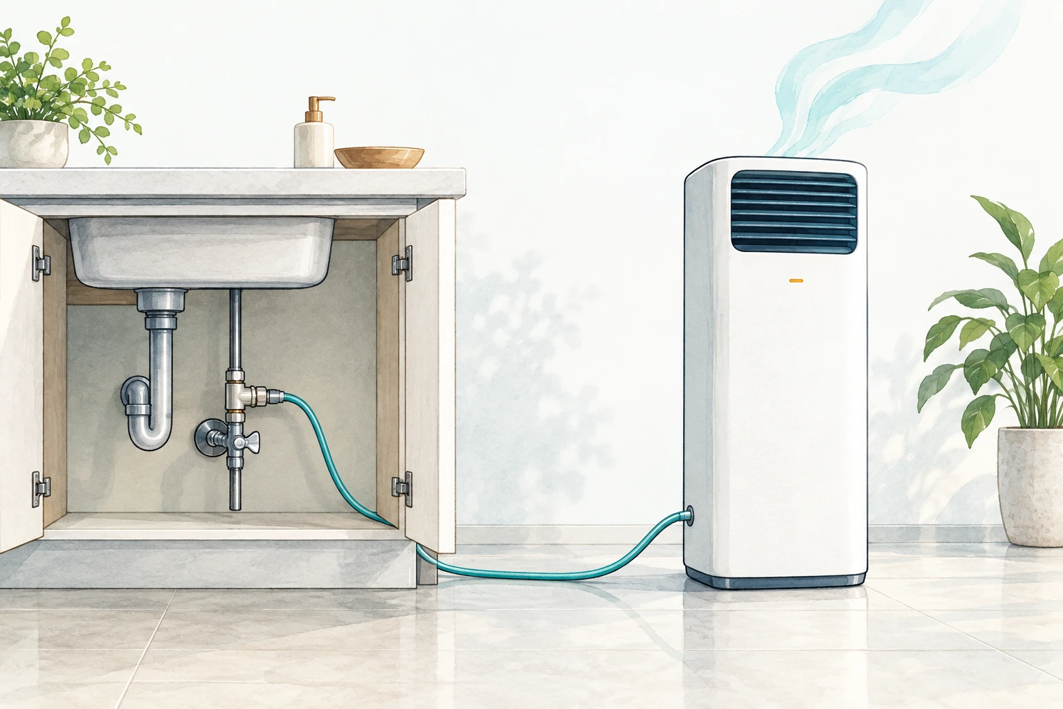 壁の水道から細いホースで加湿器へ水を送るイメージ